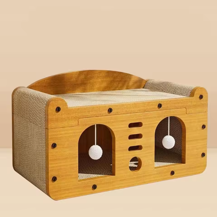 Wooden pet playpen with textured surface and circular holes on a beige background