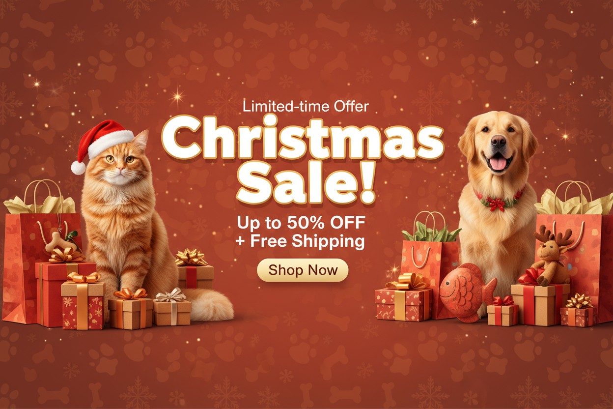 Two animals, a cat and a dog, surrounded by Christmas gifts and decorations with a 'Christmas Sale' offer.