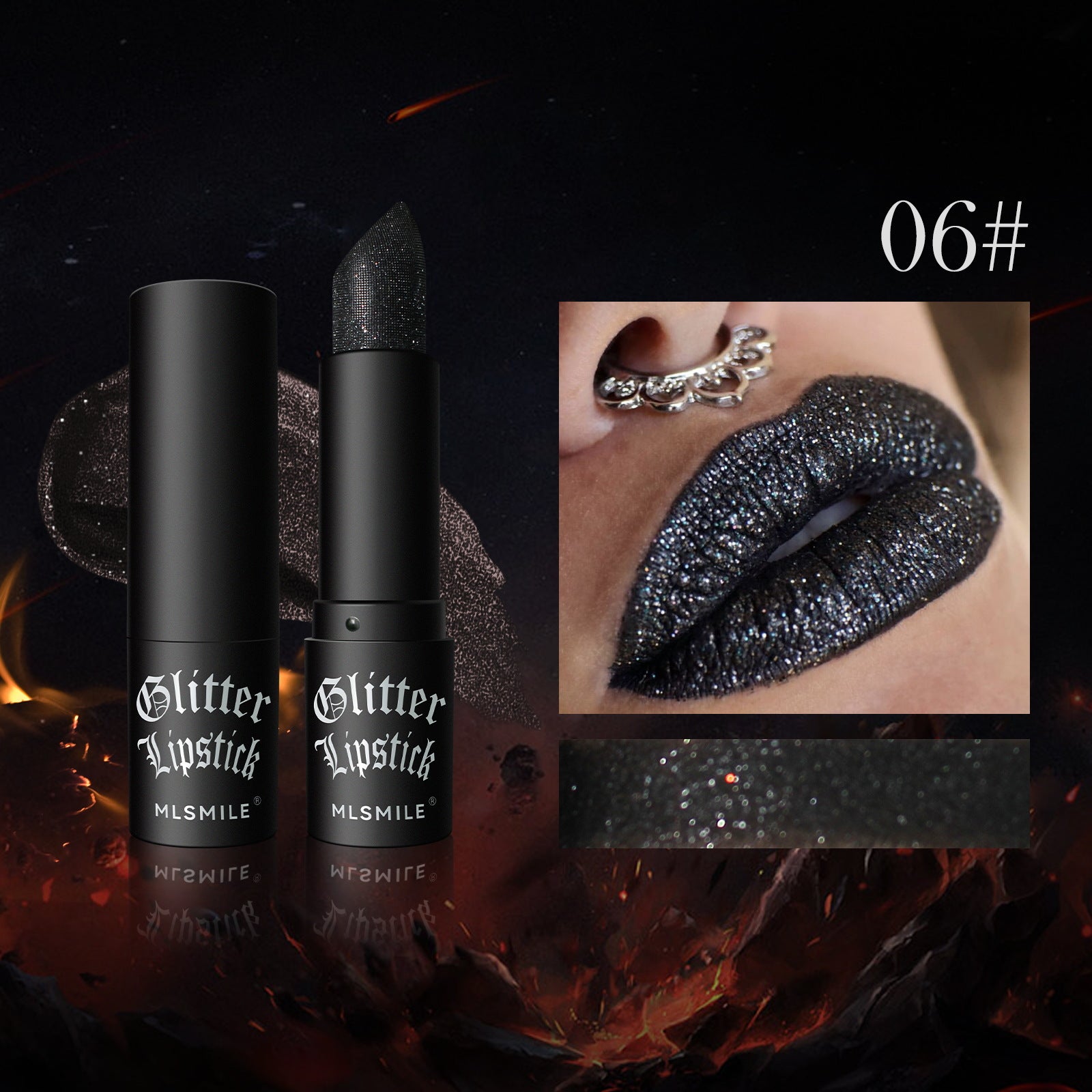 Black glitter lipstick with packaging and a close-up of lips wearing the lipstick on a dark background.