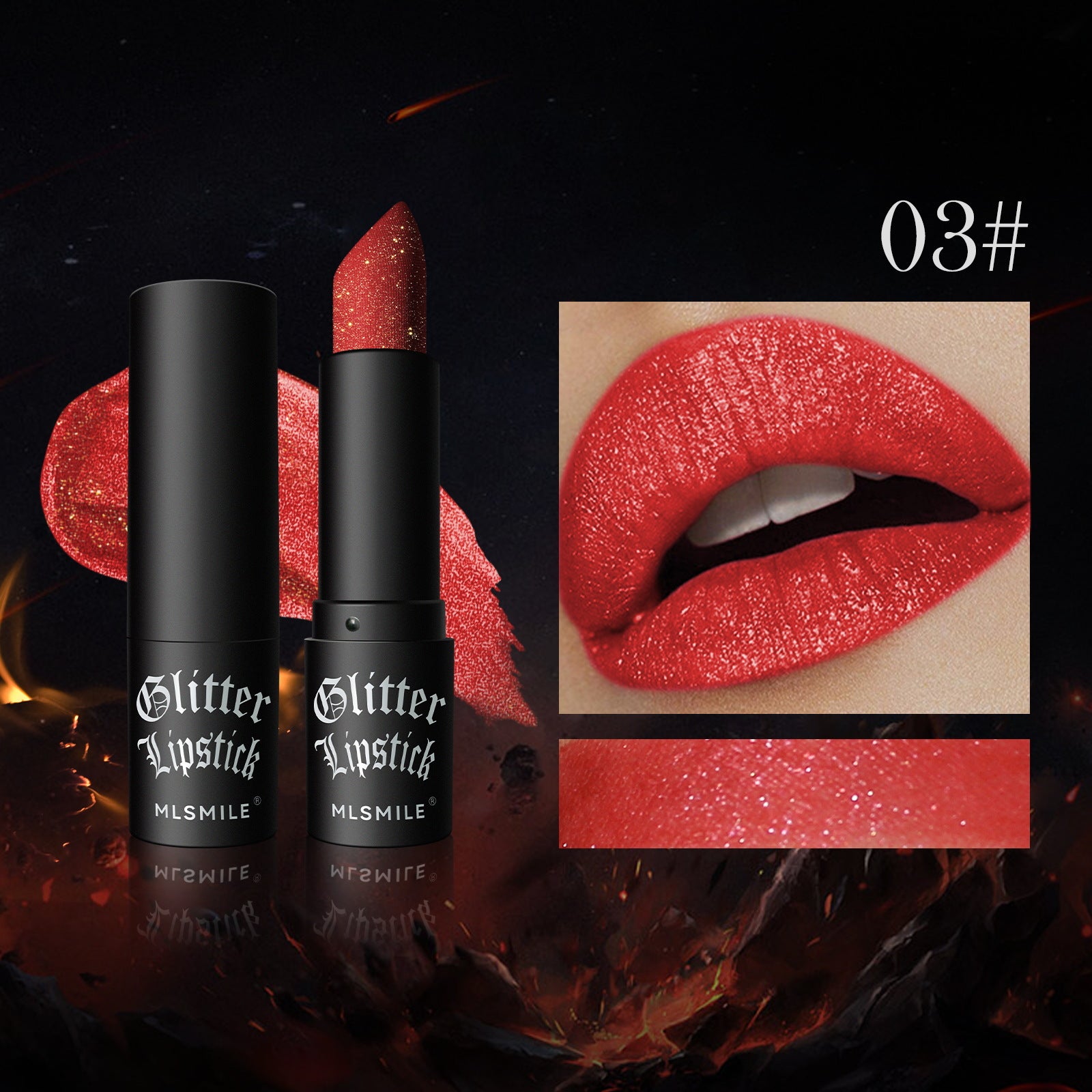 Two glitter lipstick products with a close-up of a lip wearing the lipstick and color swatch.