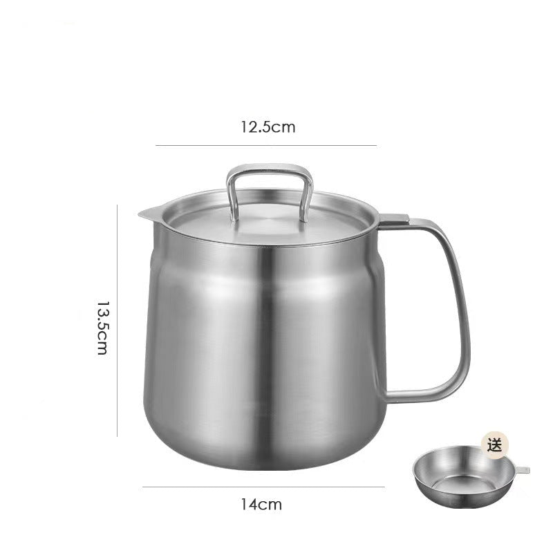 Stainless steel pot with lid and filter screen on a white background