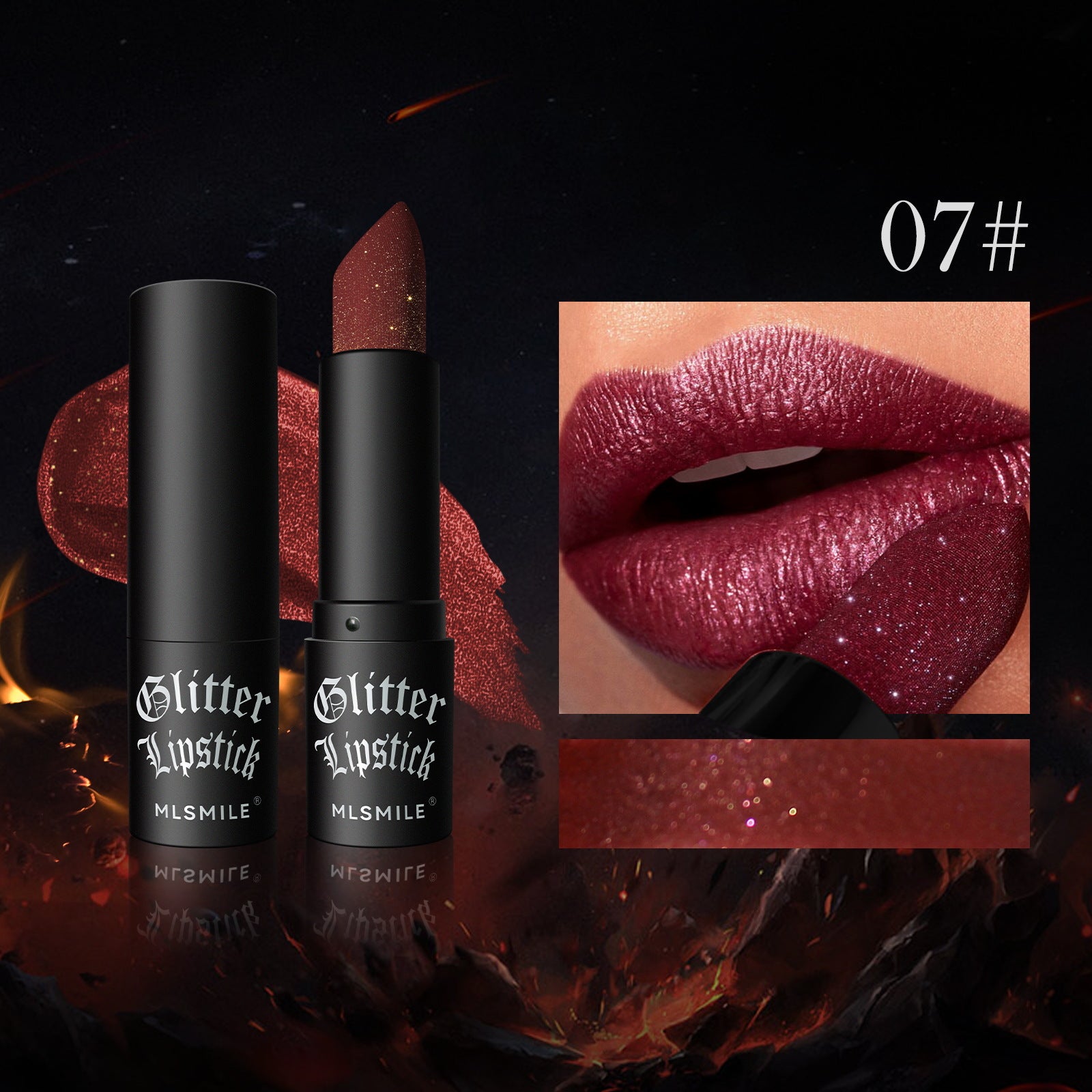 Two black glitter lipsticks with a close-up of a lip wearing the shade on a dark background.