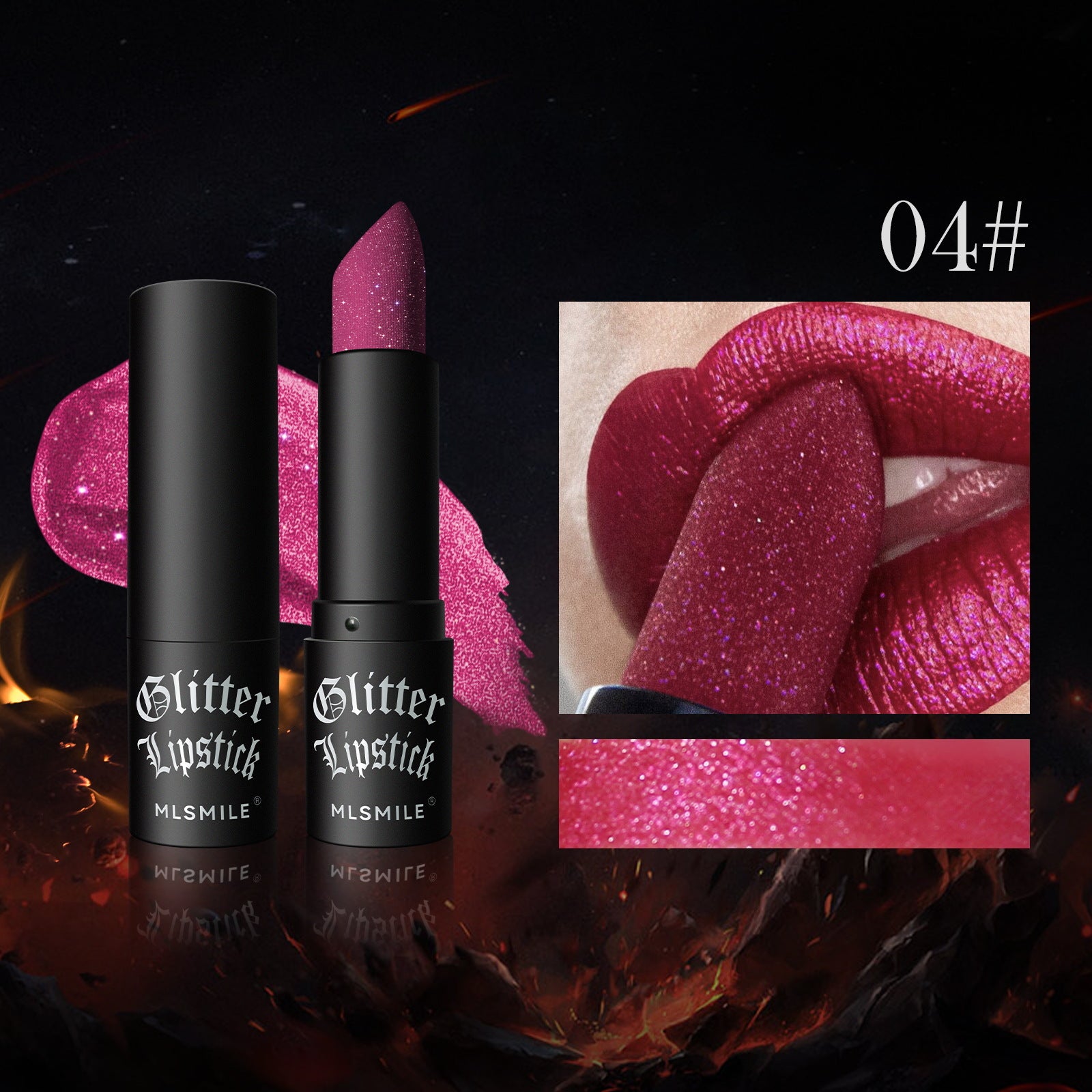 Glitter lipstick with black packaging and a close-up of lips wearing the pink lipstick.
