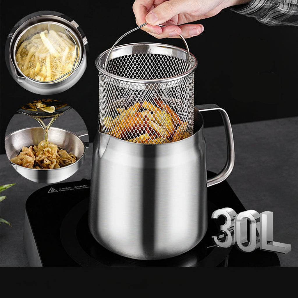 Stainless steel oil filter with fried food and oil on a black background