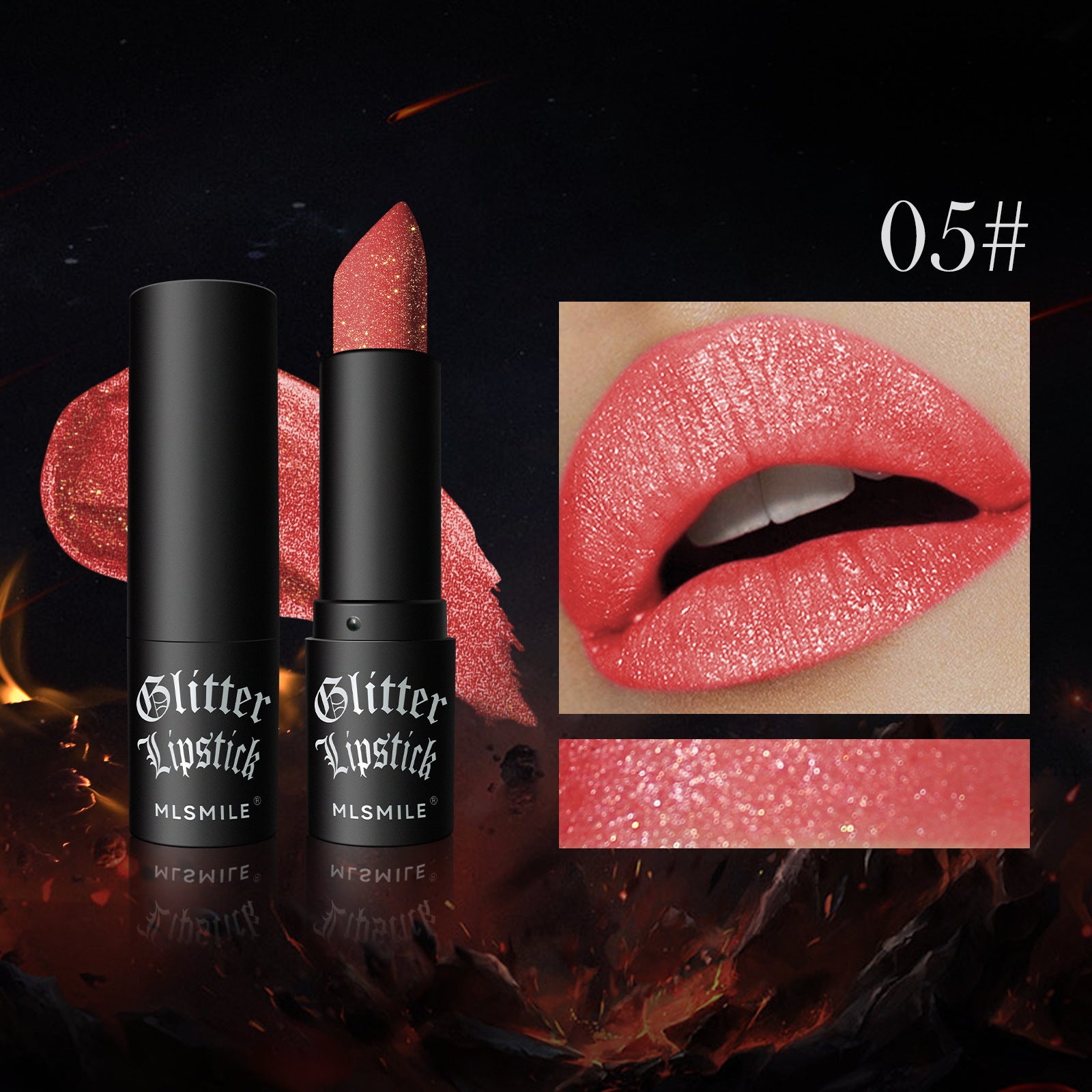 Two black glitter lipstick containers with a close-up of a lip wearing the lipstick, on a dark background.