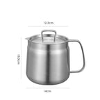 Stainless steel pot with lid and dimensions on a white background