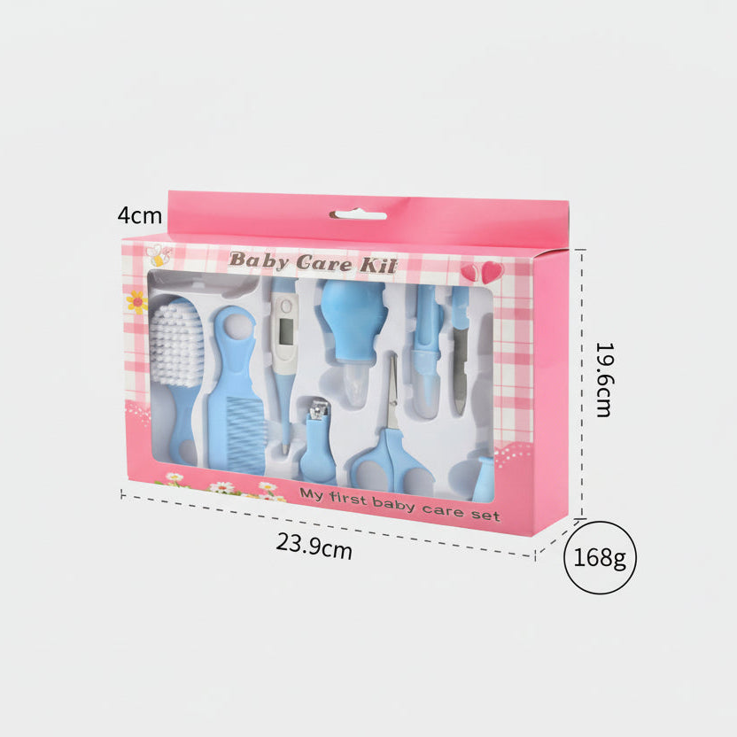 Baby care kit packaging with tools and dimensions on a white background