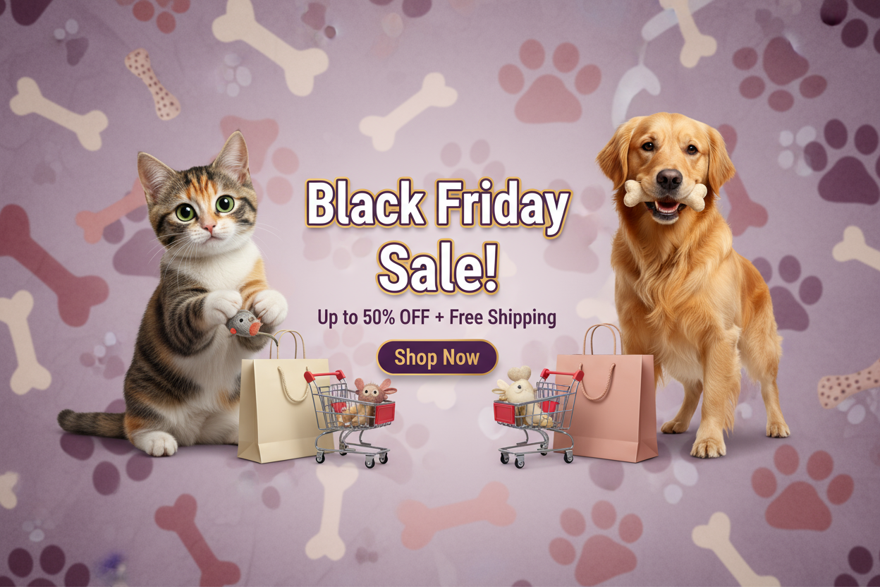 Cat and dog with shopping carts and 'Black Friday Sale' text on a paw and bone patterned background