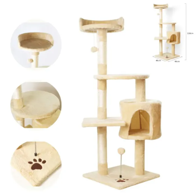 Cream cat tree tower with multiple levels and a hanging ball on a white background